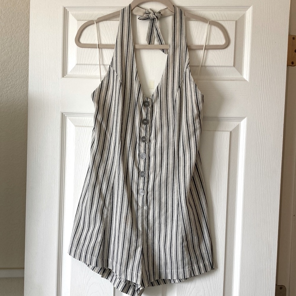 Linen striped halter romper medium